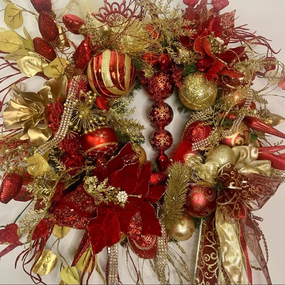 New Elegant Large Christmas Red Gold Sparkling Poinsettia Door Wall Wreath